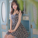 韩国milkcocoa2016夏季新款玫瑰印花小清新复古吊带裙文艺连衣裙