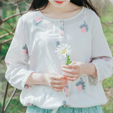 森春慢小清新森女日系纯棉麻刺绣花朵七分袖白色小开衫衬衫衬衣女