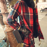 2016秋季韩版中长款红色格子圆领裙摆式羊毛时尚拼色呢大衣外套女