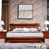 高档胡桃木全实木床1.81.5米双人床中式现代真皮软靠床储物高箱床