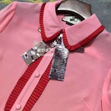 工厂直销G家真丝长袖衬衫领蝴蝶结粉色气质甜美欧美新款