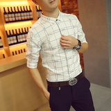 发型师时尚男士五分袖夜店韩版修身格子衬衫潮男短袖寸衫中袖衬衣