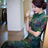 中式改良江南真丝旗袍长款短袖日常优雅修身复古妈妈旗袍大码显瘦
