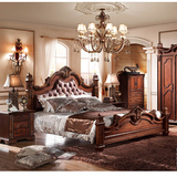 艾伦美家欧式真皮床 美式2米大床 实木雕刻古典床 卧室双人床家具