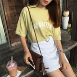 简约纯色中袖短袖T恤女韩范宽松学生字母印花上衣女夏韩国体恤衫