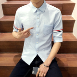 夏季卡宾新款男士潮流衬衫韩版修身短袖衬衣五分中袖寸衫青年上衣