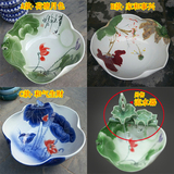 景德镇陶瓷鱼缸乌龟水仙花睡莲盆 手工雕刻荷叶型青蛙碗 特价包邮