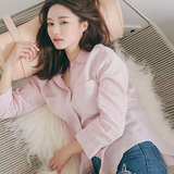 韩版夏季新款太阳的后裔姜暮烟宋慧乔同款棉麻长袖 粉红色衬衫女