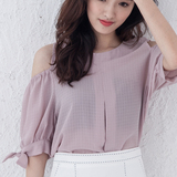 韩版短款露肩衬衫粉色漏肩装女夏上衣袖口蝴蝶结雪纺中袖学生衬衣