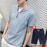 【天天特价】夏日系韩版男士V领短袖竹节棉T恤青年修身纯色打底衫