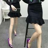 2016春季韩版女装修身鹿皮绒荷叶边鱼尾包臀裙子显瘦半身裙短裙