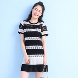 2016夏季新款韩版黑白撞色条纹镂空蕾丝短袖连衣裙显瘦拼接百褶裙
