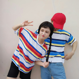 夏季新款韩版ulzzang学院风原宿彩色条纹宽松情侣款短袖T恤