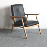 北欧实木沙发椅书椅单人木扶手休闲沙发椅客厅咖啡厅PU皮懒人沙发