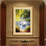 欧式客厅餐厅挂画壁炉装饰画古典风景油画手绘天鹅湖山水有框画1