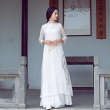 高山流水 夏中国风女装 手绘荷花 白色仙女褶皱丝麻双层连衣长裙