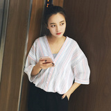 2016夏季新款韩版宽松V领显瘦衬衣女学生 韩范条纹短袖白衬衫上衣