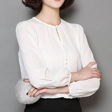 白色雪纺衫女长袖 2016春秋新款韩版大码时尚气质雪纺衬衫女上衣