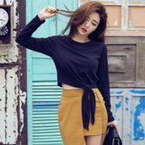 2016春夏季新款韩版女装圆领个性下叉不规则长袖T恤女打底衫上衣