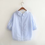 森系部落夏装新款灯笼袖系带蓝白条纹衬衫学生五分袖日系女装衬衣