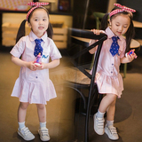 韩国童装女童学院风连衣裙短袖2016夏新款韩版儿童英伦百褶公主裙