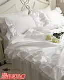 韩国同款纯棉全棉四件套双荷叶边嵌手工褶皱白色贡缎床上用品