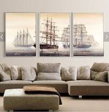 欧美式复古典现代风景油画芯海上帆船客厅三联装饰画高清图片素材