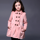 童装2016新款秋冬装女童风衣外套英伦风双排扣修身外套粉色红色