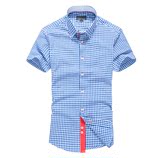 夏季青年学生男士短袖蓝白格子衬衫男小细方格衬衣纯棉西装打底衫