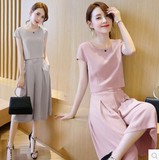 韩版女装2016夏季针织宽条纹连衣裙圆领中袖黑白间条中长款宽松女