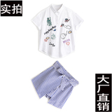 MIUCO2016夏季新款女装卡通刺绣短袖衬衫+蓝白条纹假两件裤裙套装
