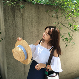 2016夏季新款韩国甜美风一字领喇叭袖棉麻衬衫套头休闲露肩吊带衫