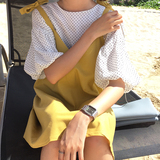 韩国百搭休闲装2016夏季新款甜美可爱泡泡袖蝴蝶结系带波点女衬衫