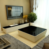 茶几钢化玻璃 黑白色简约现代正方形烤漆创意茶几电视柜套装组合