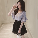 2016夏季新款韩版圆领短袖荷叶边上衣女纯色宽松喇叭袖雪纺衫中袖