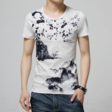 夏季中国风水墨画t恤男短袖韩版潮青年纯棉圆领印花薄款男士体恤