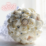 韩式新娘手捧花球带水钻珍珠绸缎丝带花束伴娘仿真玫瑰花结婚礼物