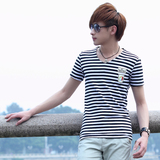 2015夏装新款韩版海魂衫 男士短袖t恤 海军衫 条纹t恤v领潮男上衣
