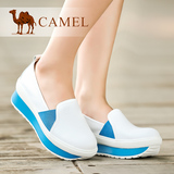 Camel骆驼女鞋正品休闲舒适圆头坡跟牛皮拼色厚底软面休闲鞋单鞋