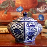 八角罐蓝底青花瓷 景德镇陶瓷储物罐装饰摆件茶叶罐零食罐