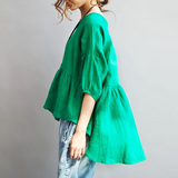 [清濯]外单◆荷叶下摆 宽松休闲中袖娃娃款亚麻衬衫-绿色-