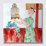 鸟语图 手绘胡永凯仕女人物油画 中式古典客厅餐厅书房玄关装饰画