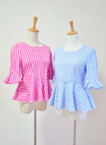 夏季新品韩版甜美娃娃衫小裙摆收腰修身格子衬衫女喇叭泡泡袖上衣