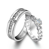 PT950纯银 镀铂金钻戒 创意心型 结婚戒指对戒仿真 情侣 生日礼物