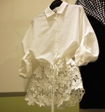 2016早春装新款衬衫韩国代购百搭蕾丝拼接棉上衣白色长袖女士衬衣