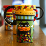 仟度 彩绘陶瓷杯 创意马克杯带盖带勺咖啡杯大容量水杯 情侣杯子