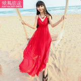 波西米亚吊带雪纺长裙海边度假红色连衣裙大码大摆长款白色沙滩裙