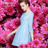 Riwins2016春装新品女装 气质淑女修身七分袖蕾丝A字公主连衣裙