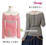 日本原单HONEYS女打底衫宽松修身长袖T恤莫代尔多层蕾丝低领春夏