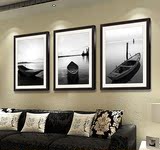 现代黑白湖景船装饰画卧室客厅有框挂画壁画三联画黑色画框